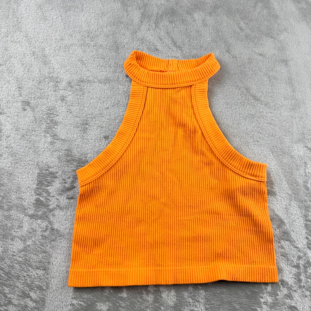 ANWND Orange Ribbed High Neck Halter Crop‎ Top Women's S/M 50224